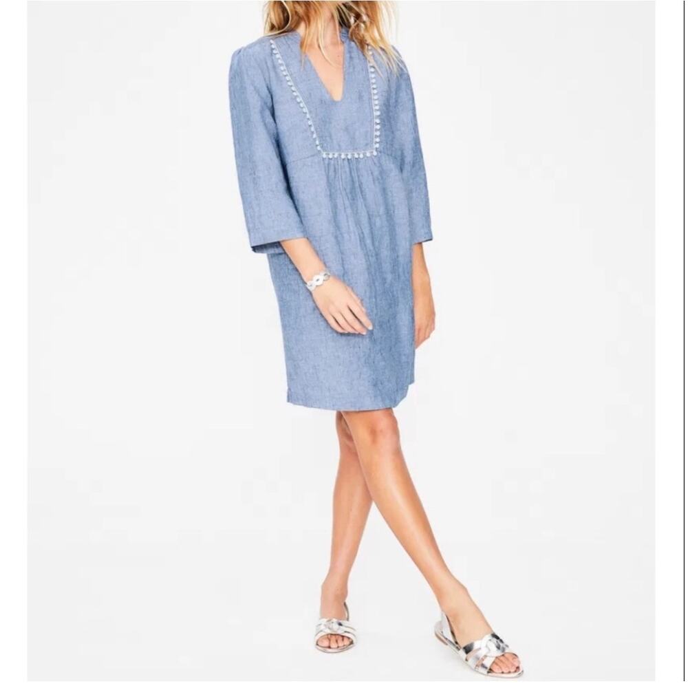 BODEN Evangeline 100% Linen Tunic Dress Blue Chambray, Size 4 Long